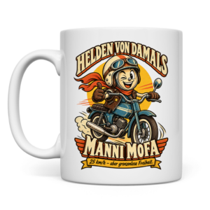 Weiße Retro-Tasse mit Manni Mofa und dem Spruch „25 km/h – aber grenzenlose Freiheit.“