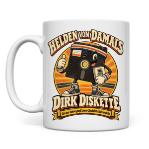 Weiße Retro-Tasse mit Dirk Diskette und dem Spruch „Ich war schon groß, bevor Speicher klein wurde.“