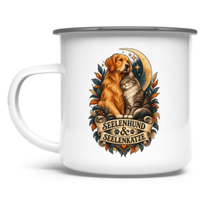 Emaille Tasse mit Motiv: Seelenhund - Seelenkatze