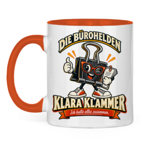 Zweifarbige Tasse „Klara Klammer“ – Die Bürohelden