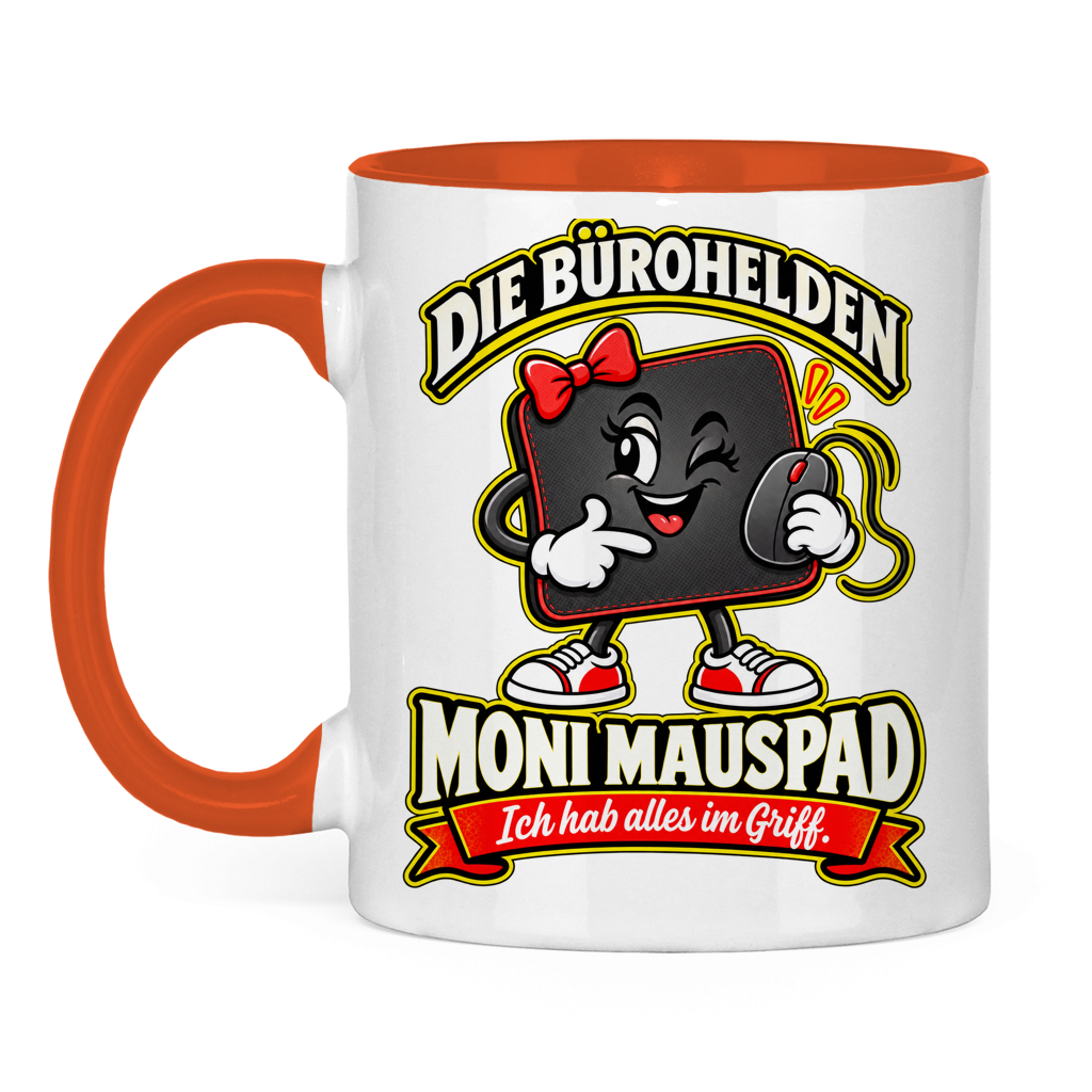 Zweifarbige orange Tasse mit Moni Mauspad und einer Computermaus.