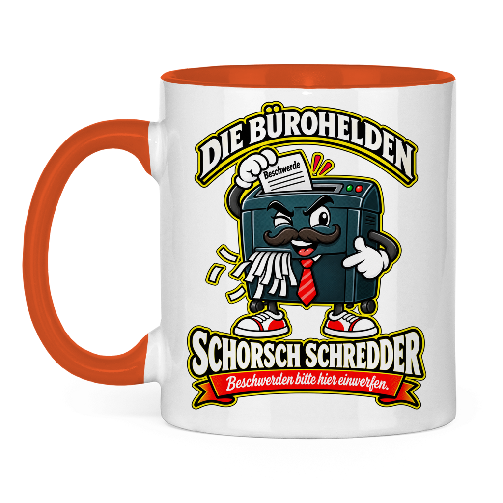 Orange-weiße Tasse mit Schorsch Schredder und dem Spruch „Beschwerden bitte hier einwerfen.“