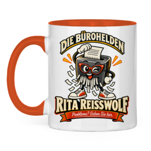 Zweifarbige orange Tasse mit Rita Reißwolf beim Schreddern von Papier.