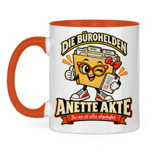 Orange-weiße Tasse mit Büroheldin Anette Akte und ordentlich abgehefteten Unterlagen.