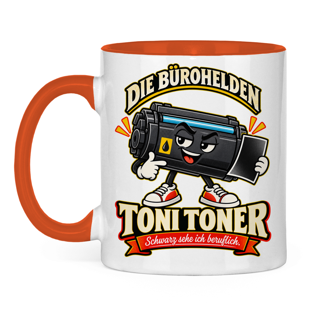 Zweifarbige Tasse mit Toni Toner und dem Spruch „Schwarz sehe ich beruflich.“