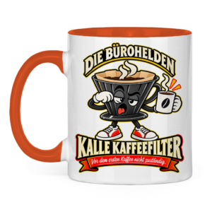Orange-weiße Tasse mit Kalle Kaffeefilter und einer dampfenden Kaffeetasse.