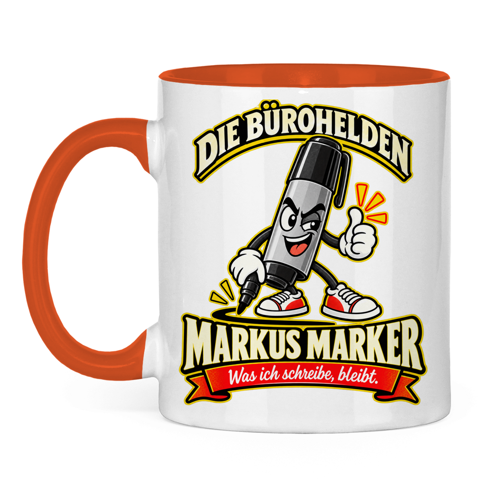 Zweifarbige orange Tasse mit Markus Marker und dem Spruch „Was ich schreibe, bleibt.“