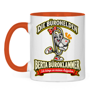 Orange-weiße Tasse mit Berta Büroklammer und dem Spruch „Ich hänge an meinen Aufgaben.“