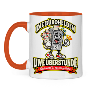 Zweifarbige orange Tasse mit Uwe Überstunde, Zeitkarten und Uhr.
