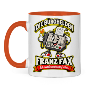 Orange-weiße Tasse mit Büroheld Franz Fax und einem klassischen Faxgerät.