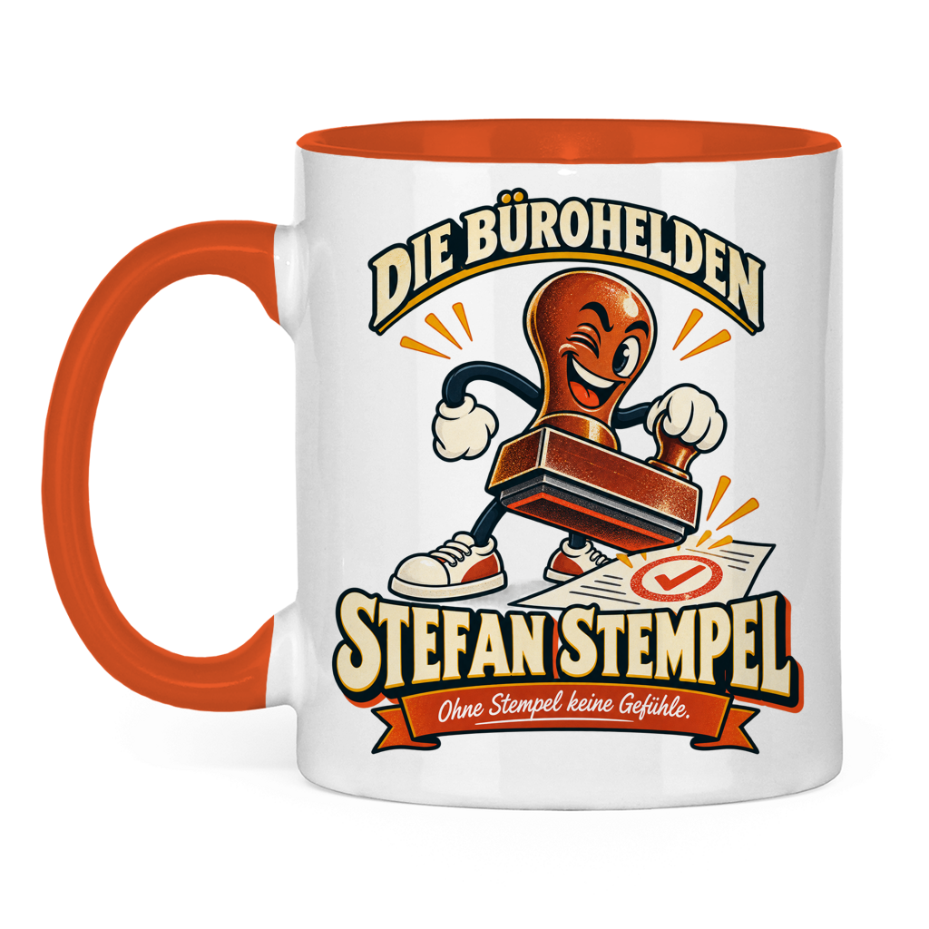 Alternativtext: Zweifarbige orange Tasse mit Stefan Stempel aus der Kollektion „Die Bürohelden“.