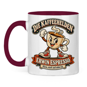 Zweifarbige bordeauxrote Tasse mit Erwin Espresso und dem Spruch „Klein, stark und sofort da.“