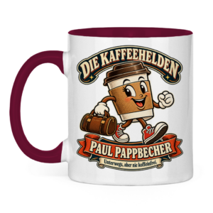 Weiße Tasse mit bordeauxrotem Henkel, Paul Pappbecher und dem Spruch „Unterwegs, aber nie koffeinfrei.“