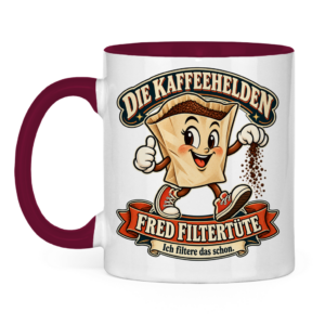 Zweifarbige Tasse mit Fred Filtertüte und dem Spruch „Ich filtere das schon.“