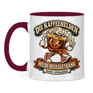 Weiße Tasse mit bordeauxrotem Henkel, Heidi Heißgetränk und dem Spruch „Vorsicht – ich bin geladen!“