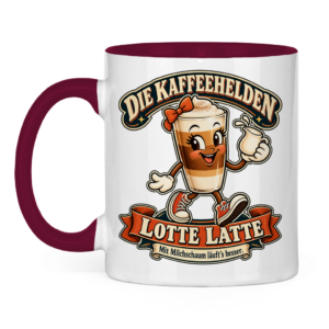 Weiße Tasse mit bordeauxrotem Henkel, Lotte Latte und dem Spruch „Mit Milchschaum läuft’s besser.“
