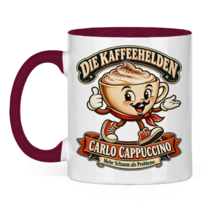 Zweifarbige Tasse mit Carlo Cappuccino und dem Spruch „Mehr Schaum als Probleme.“