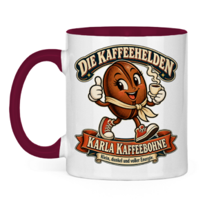Weiße Tasse mit bordeauxrotem Henkel, Karla Kaffeebohne und dem Spruch „Klein, dunkel und voller Energie.“