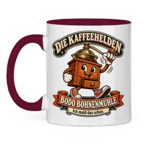 Weiße Tasse mit bordeauxrotem Henkel, Bodo Bohnenmühle und dem Spruch „Ich mahl das schon.“