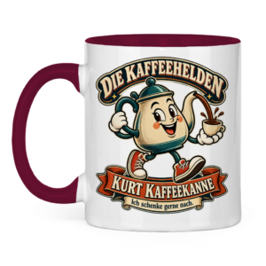 Weiße Tasse mit bordeauxrotem Henkel, Kurt Kaffeekanne und dem Spruch „Ich schenke gerne nach.“