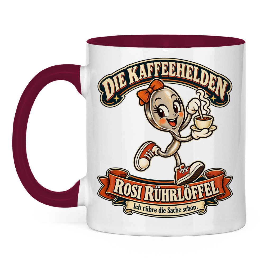 Zweifarbige bordeauxrote Tasse mit Rosi Rührlöffel und dem Spruch „Ich rühre die Sache schon.“