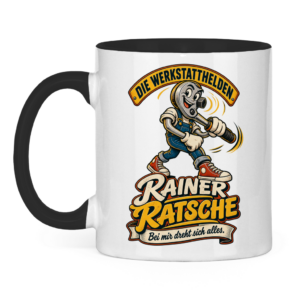 Tasse mit Rainer Ratsche und dem Spruch „Bei mir dreht sich alles.“
