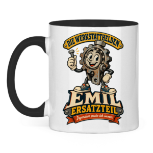 Tasse mit Emil Ersatzteil und dem Spruch „Irgendwo passe ich immer.“