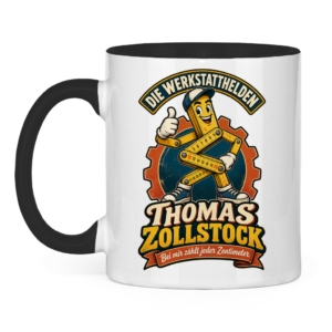 Tasse mit Thomas Zollstock und dem Spruch „Bei mir zählt jeder Zentimeter.“