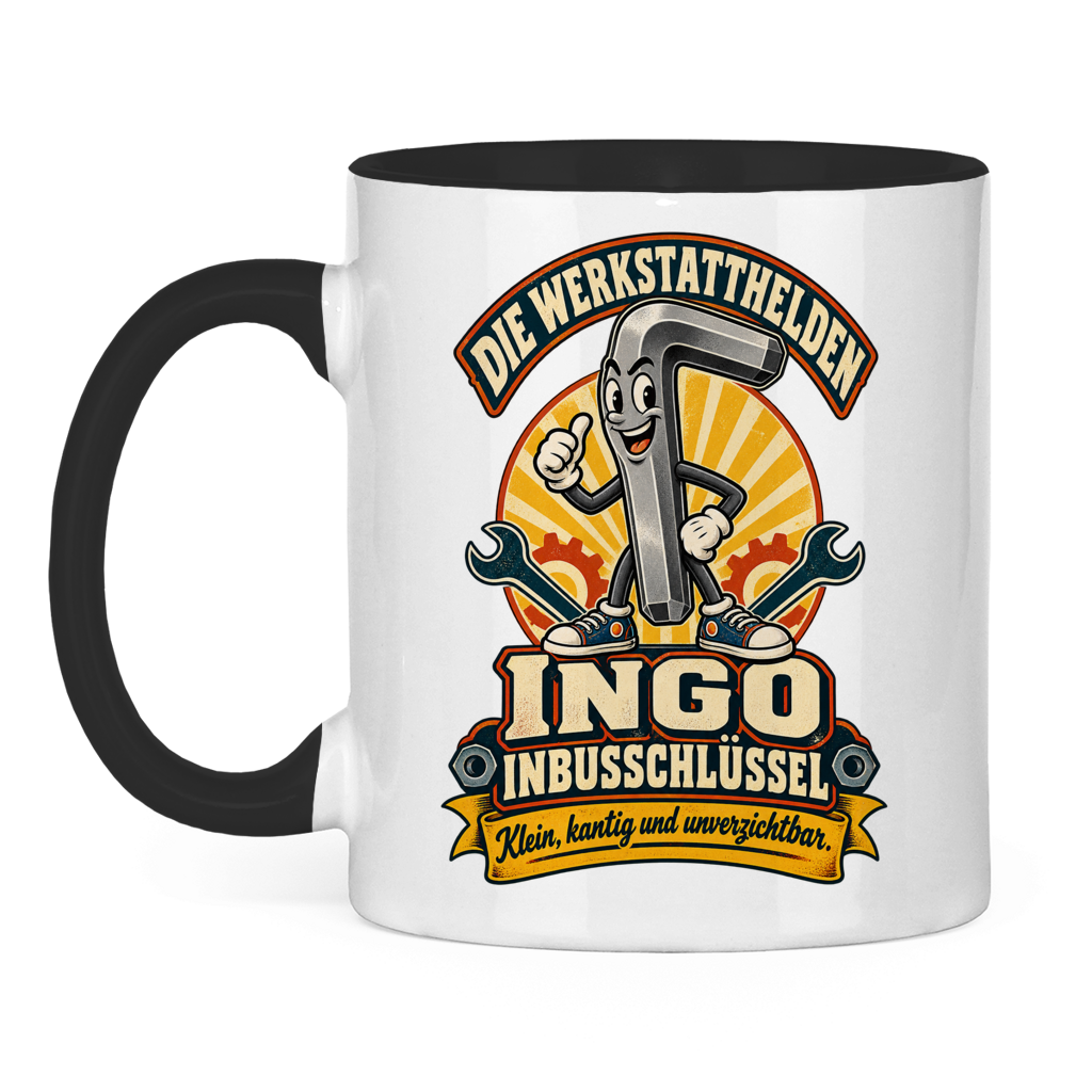 Tasse mit Ingo Inbusschlüssel und dem Spruch „Klein, kantig und unverzichtbar.“