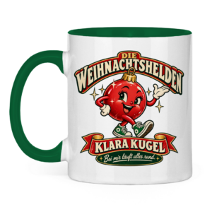 Zweifarbige Weihnachtstasse mit der Retrofigur Klara Kugel.