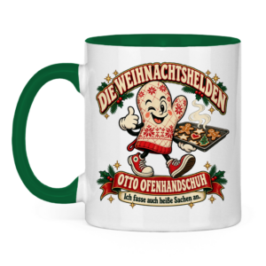 Zweifarbige Weihnachtstasse mit der Retrofigur Otto Ofenhandschuh.