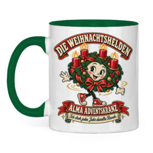 Zweifarbige Weihnachtstasse mit der festlichen Retrofigur Alma Adventskranz.
