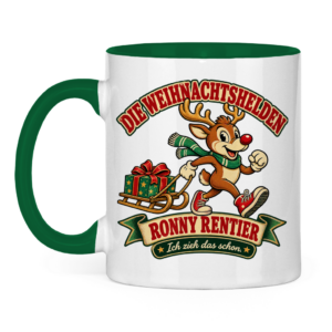 Zweifarbige Weihnachtstasse mit dem lustigen Retro-Rentier Ronny Rentier.