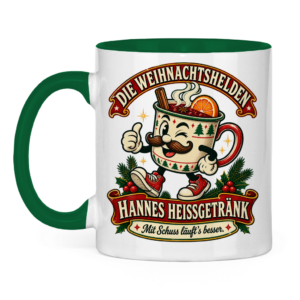 Zweifarbige Weihnachtstasse mit der Retrofigur Hannes Heißgetränk.