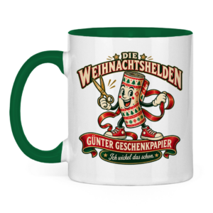 Zweifarbige Weihnachtstasse mit der Retrofigur Günter Geschenkpapier.