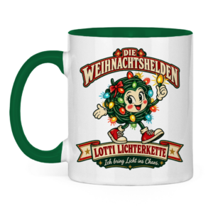 Zweifarbige Weihnachtstasse mit der fröhlichen Retrofigur Lotti Lichterkette.