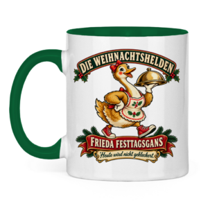 Zweifarbige Weihnachtstasse mit der humorvollen Retrofigur Frieda Festtagsgans.