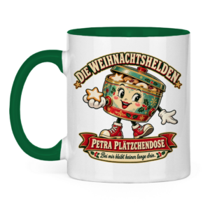 Zweifarbige Weihnachtstasse mit der Retrofigur Petra Plätzchendose.