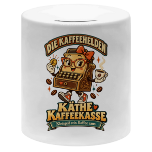 Weiße Money Box mit Käthe Kaffeekasse, einer Münze, einer Kaffeetasse und dem Spruch „Kleingeld rein. Kaffee raus.“