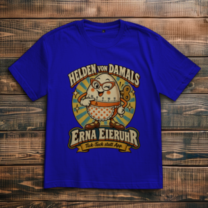 Blaues Oversize Unisex T-Shirt mit dem Retro-Motiv Erna Eieruhr und dem Spruch Tick-Tack statt App.