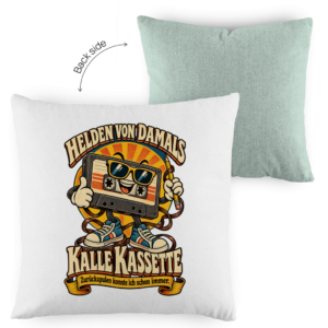 Zweifarbiges Retro-Kissen mit Kalle Kassette aus der Kollektion Helden von damals