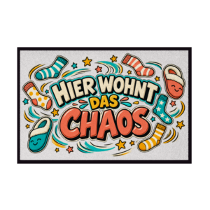 Bunte Fußmatte mit Socken, Hausschuhen und Schriftzug Hier wohnt das Chaos