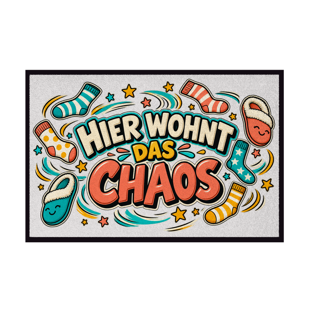 Bunte Fußmatte mit Socken, Hausschuhen und Schriftzug Hier wohnt das Chaos