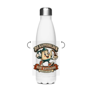 Weiße Edelstahl-Thermoflasche mit dem Retro-Motiv Kurt Kaffeekanne und dem Spruch „Ich schenke gerne nach.“