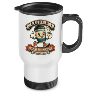 Edelstahl-Thermobecher mit dem Retro-Motiv Theresa Thermobecher und dem Spruch „Ich halte durch – und warm.“