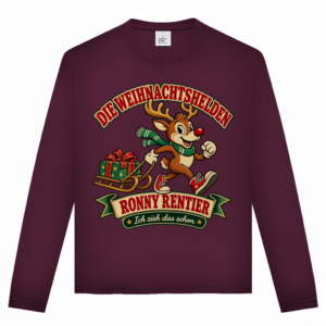 Unisex-Langarmshirt mit dem humorvollen Retro-Motiv „Ronny Rentier“ aus der Weihnachtshelden-Kollektion.