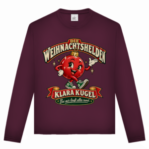 Unisex-Langarmshirt mit dem Retro-Motiv „Klara Kugel“ als humorvolle Weihnachtskugel-Figur.