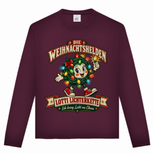 Unisex-Langarmshirt mit dem farbenfrohen Retro-Motiv „Lotti Lichterkette“ aus der Kollektion Die Weihnachtshelden.