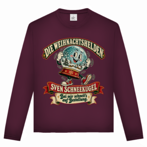 Unisex-Langarmshirt mit dem winterlichen Retro-Motiv „Sven Schneekugel“ aus der Weihnachtshelden-Kollektion.
