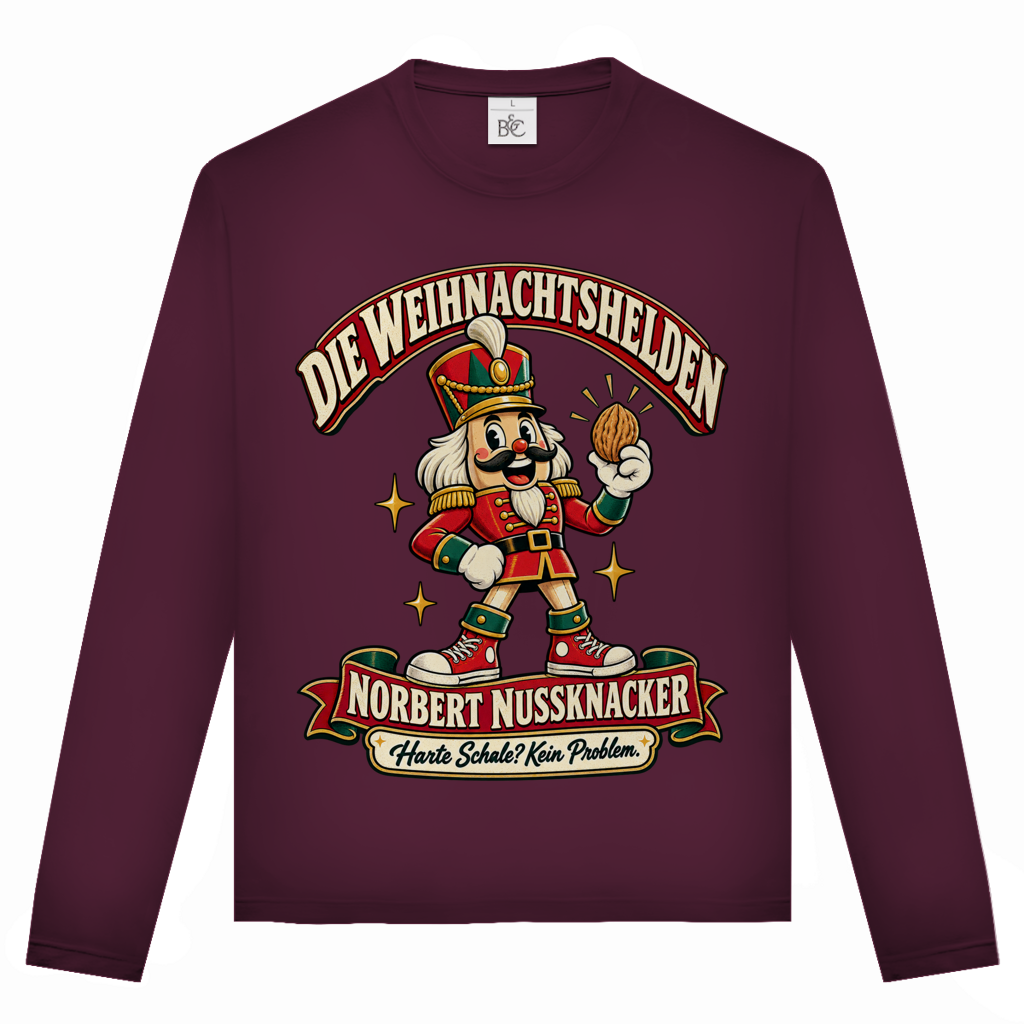 Unisex-Langarmshirt mit dem Retro-Motiv „Norbert Nussknacker“ als humorvolle Weihnachtsfigur.
